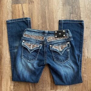 Miss Me Denim Blue Bootcut Jeans with Brown Sequin Pockets and Gems sz 28
